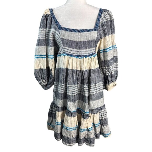 Free People Dress NWT $148 All Lined Up Stripe Blue Gray Tiered Ruffle Hem Sz S - Picture 2 of 13